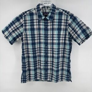 Patagonia Puckerware Shirt Mens Large Blue Plaid Short Sleeve Button Up Outdoor